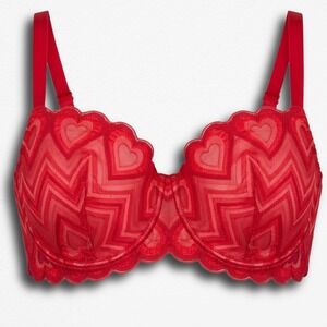 Adore Me Red Heart Lace Unlined Underwire Bra 46DDD Full Coverage Scalloped Trim